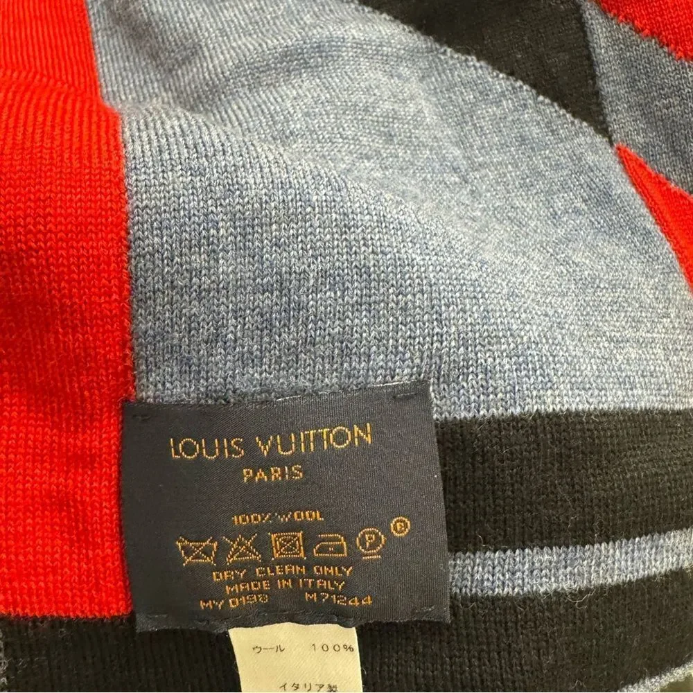 Auth Louis Vuitton 100% Wool Red Blue Black Gray Horizon Scarf Stole Muffler